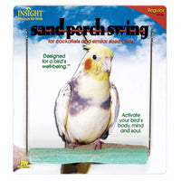 The packaging for the JW Sand Bird Perch Swing by JW features a cockatiel on a perch. It highlights benefits including exercise, body activation, nail care, and well-being for cockatiels and similar-sized birds.
