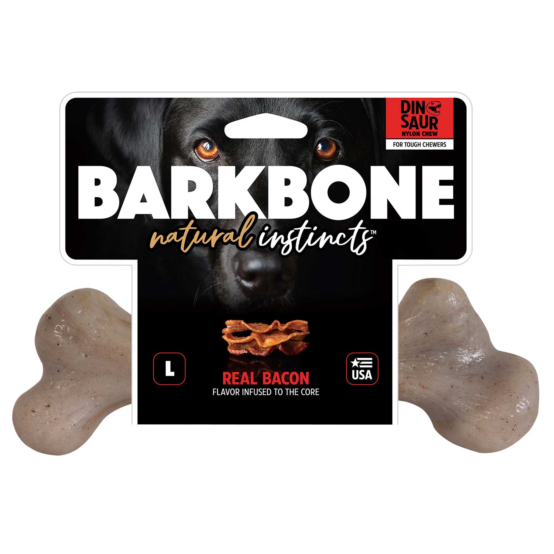 The BarkBone Natural Instincts Bacon-Infused Dinosaur Nylon Dog Chew packaging showcases a dog and sizzling bacon, featuring the text For Tough Chewers and USA, alongside its unique dinosaur logo.