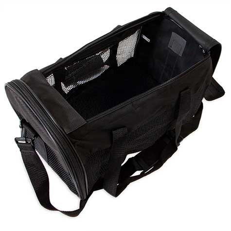 The Petmate Soft Sided Kennel Cab, by Petmate, is a black pet carrier with mesh sides and a zippered top opening. Ideal for airline travel, it ensures portability with both a shoulder strap and carry handles. Its spacious interior is perfect for small pets.