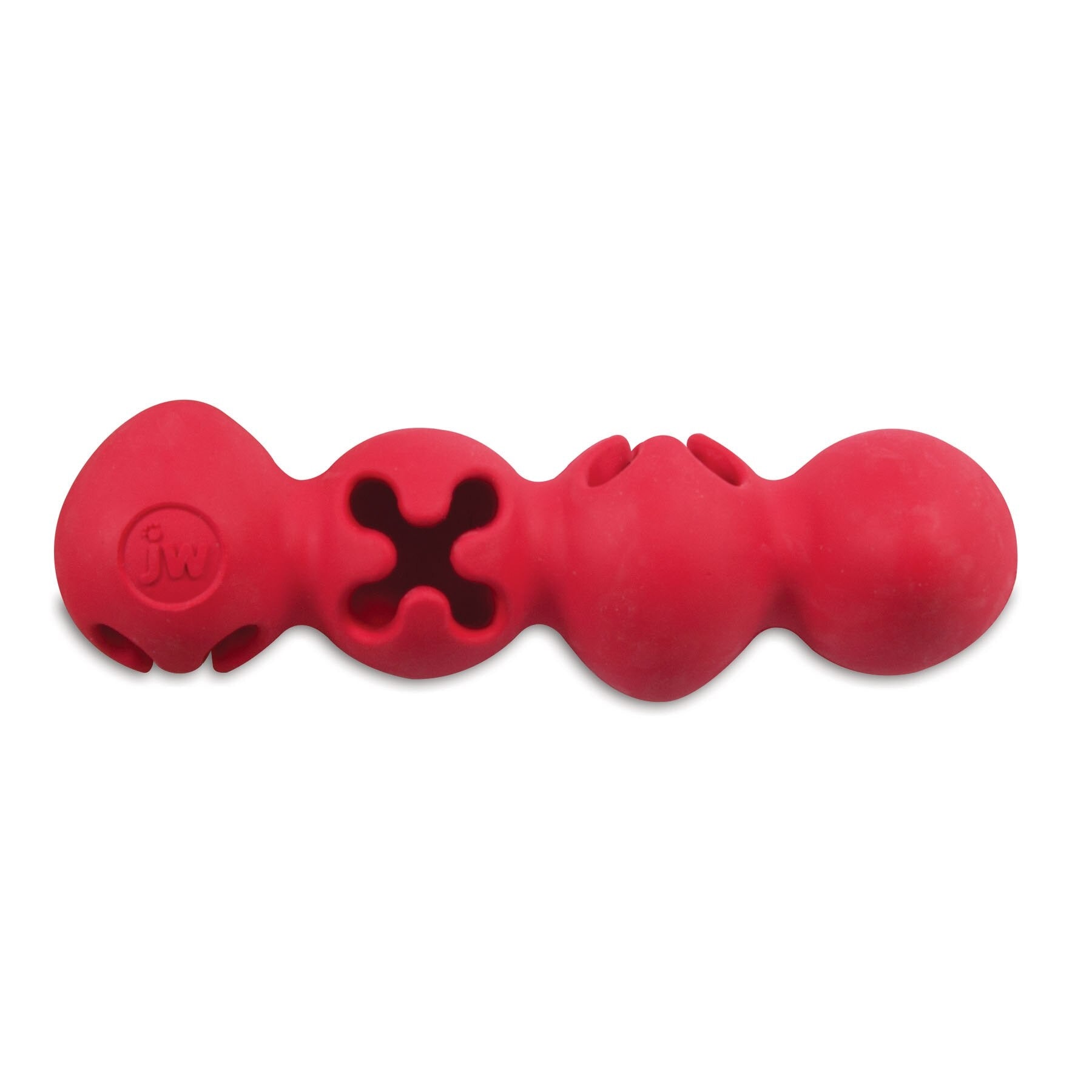 The JW Playbites Caterpillar Dog Toy by Jw is a red, cylindrical rubber toy with bumps, multiple holes, and a star-shaped center opening. Its rounded ends make it perfect for treat-filled fun for pets who love to chew and engage.