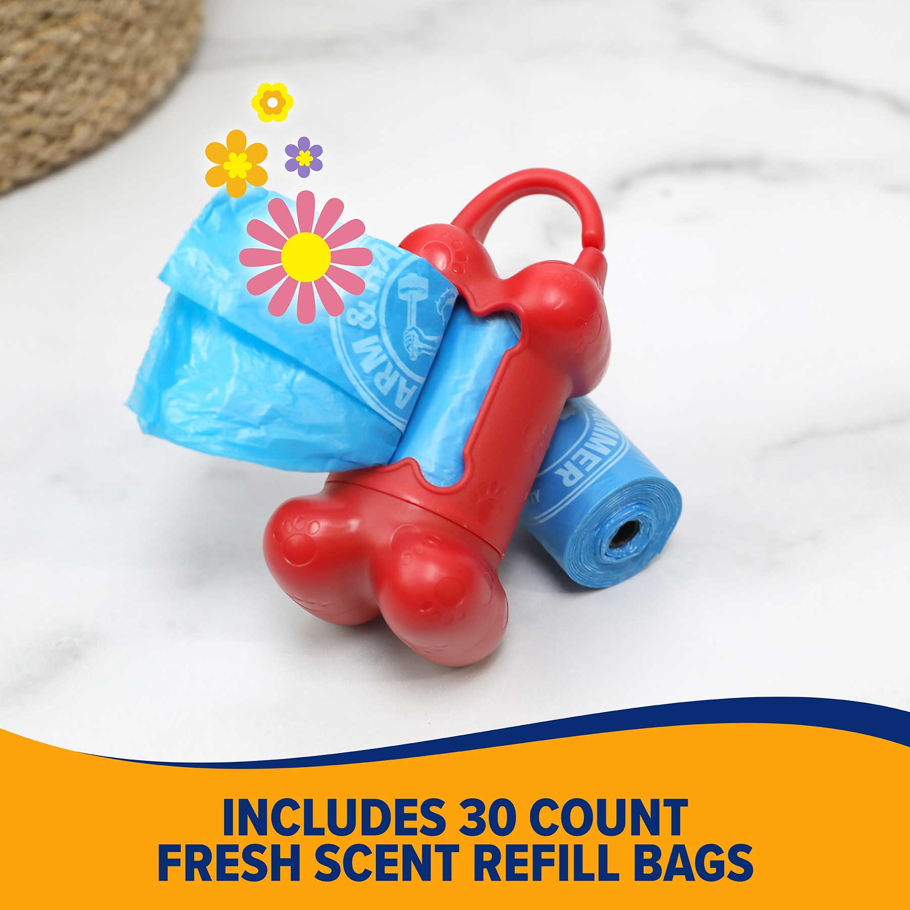 An Arm & Hammer Bone Dispenser featuring blue dog waste bags with a floral design sits on a white surface. The text reads, Includes 30 count fresh scent refill bags. This Arm And Hammer set ensures reliable odor control for daily walks.