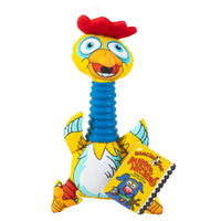 The FAT CAT Rubber Neckers Dog Toy by Fatcat is a vibrant plush resembling a cartoon chicken, featuring a red comb, blue neck, and yellow body. Its tag suggests its perfect for fans of playful rubber fun.