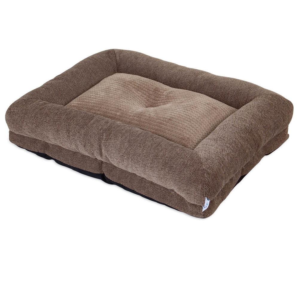 The La-Z-Boy Greystone Taupe Rosie Lounger Dog Bed is ideal for medium dogs, featuring a rectangular design with plush sides, ComfortSelect textured fabric, a raised border, and a flat inner area, providing ultimate comfort for your pet.