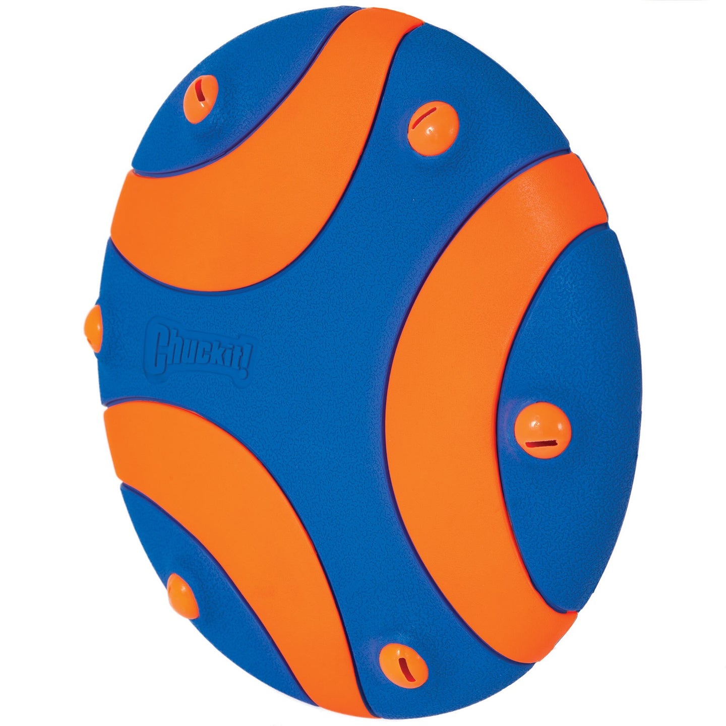 Introducing the Chuckit! Whistle Flight Dog Fetch Toy—round, blue with curved orange sections and small orange nubs. Its durable design and Chuckit! embossed surface offer endless fun, making it a must-have for every playful pup.