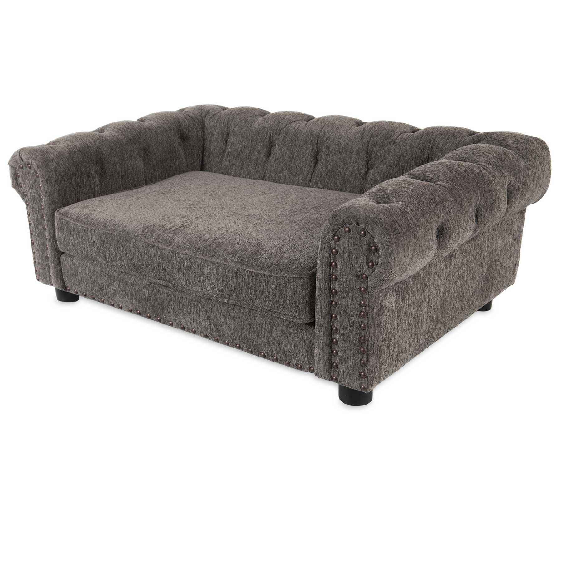 The La-Z-Boy Newton Sofa Dog Bed is a gray, plush pet sofa designed like a miniature sofa with tufted back and armrests. It features decorative nailhead trim, short black legs, and textured chenille wrap for added elegance.