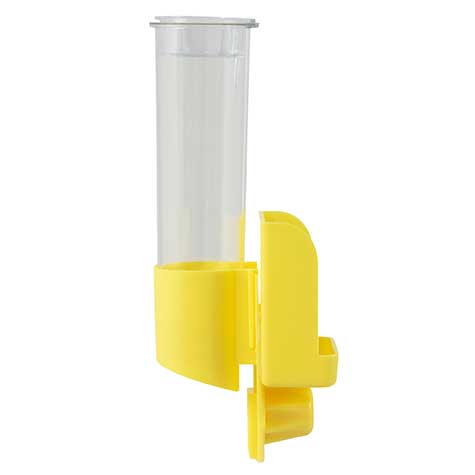 The JW Clean Seed Silo Bird Feeder by Jw is a transparent, cylindrical water bottle with a yellow plastic base and holder. It attaches to birdcages, functioning as a gravity feeder for easy drinking by caged birds.