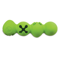 Introducing the JW Playbites Caterpillar Dog Toy by JW: a durable green rubber cylinder with three bulbous sections, small holes, embossed logo details, and a cross-shaped cutout—perfect for treat-filled fun to keep your pup entertained for hours.