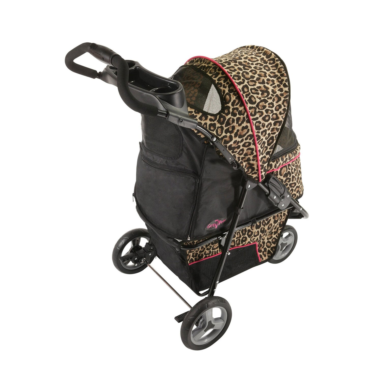The Gen7 Cheetah Promenade Pet Stroller features a leopard print, three wheels, black fabric sides, a Smart-Comfort Pad, sturdy black frame, cup holders by the handle, and safety tethers. A front mesh window offers your pet both scenic views and security.