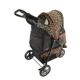 The Gen7 Cheetah Promenade Pet Stroller features a leopard print, three wheels, black fabric sides, a Smart-Comfort Pad, sturdy black frame, cup holders by the handle, and safety tethers. A front mesh window offers your pet both scenic views and security.