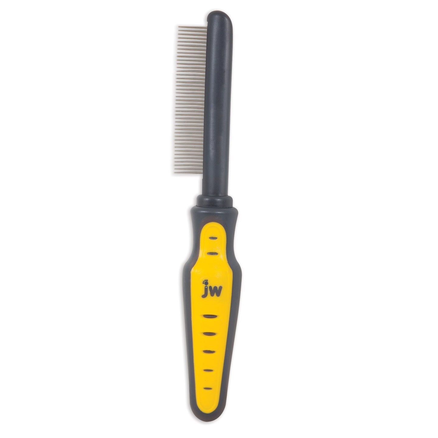 The JW Gripsoft Cat Comb is an angled, fine-toothed tool with a black and yellow handle. It includes a rubberized grip for comfort and control, with jw printed in black on the yellow part.