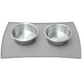 The PetFusion Pet Food Mat in Premium Silicone by Petfusion holds two stainless steel bowls on a gray, FDA-grade waterproof mat with anti-slip bumps to keep them steady.