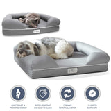 Two pets rest on gray PetFusion Ultimate Dog Beds with memory foam, offering joint pain relief, anxiety support, energy promotion, water resistance, easy cleaning, a premium removable cover, and a 12-month warranty. Feature icons are displayed below the beds.