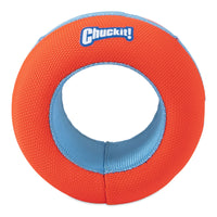 The Chuckit! Amphibious Roller by Chuckit is an orange and blue toy featuring the Chuckit! logo. With a textured grip and hollow center, its perfect for water-loving dogs and adventurous play, embodying the spirit of an ideal pup companion.