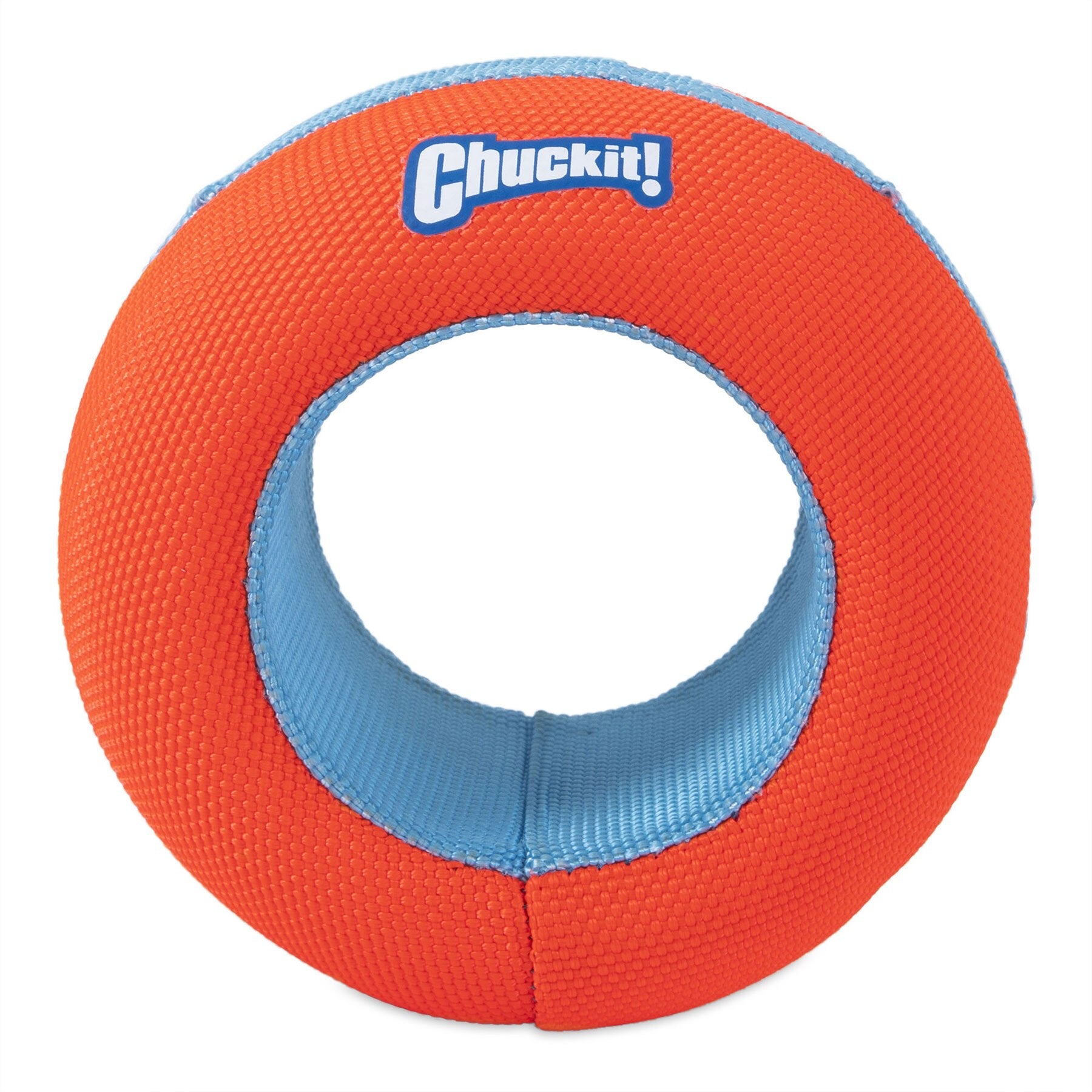 The Chuckit! Amphibious Roller by Chuckit is an orange and blue toy featuring the Chuckit! logo. With a textured grip and hollow center, its perfect for water-loving dogs and adventurous play, embodying the spirit of an ideal pup companion.