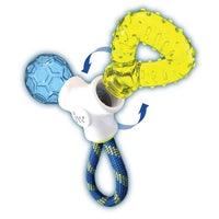 The JW Puppy Connects Teething Chew Toy features a blue textured ball, yellow spiked tube, and white connector. A durable blue and yellow braided rope tug hangs below. Arrows demonstrate the rotation of the toys ball and tube for endless fun. Brand: JW.