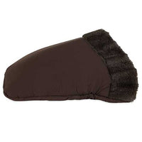 The Aspen Pet Kitty Cave Cat Bed by Aspen Pet is a brown, wedge-shaped cat bed with a soft, fluffy lining on one side, crafted from high-loft recycled polyester for warmth and comfort.