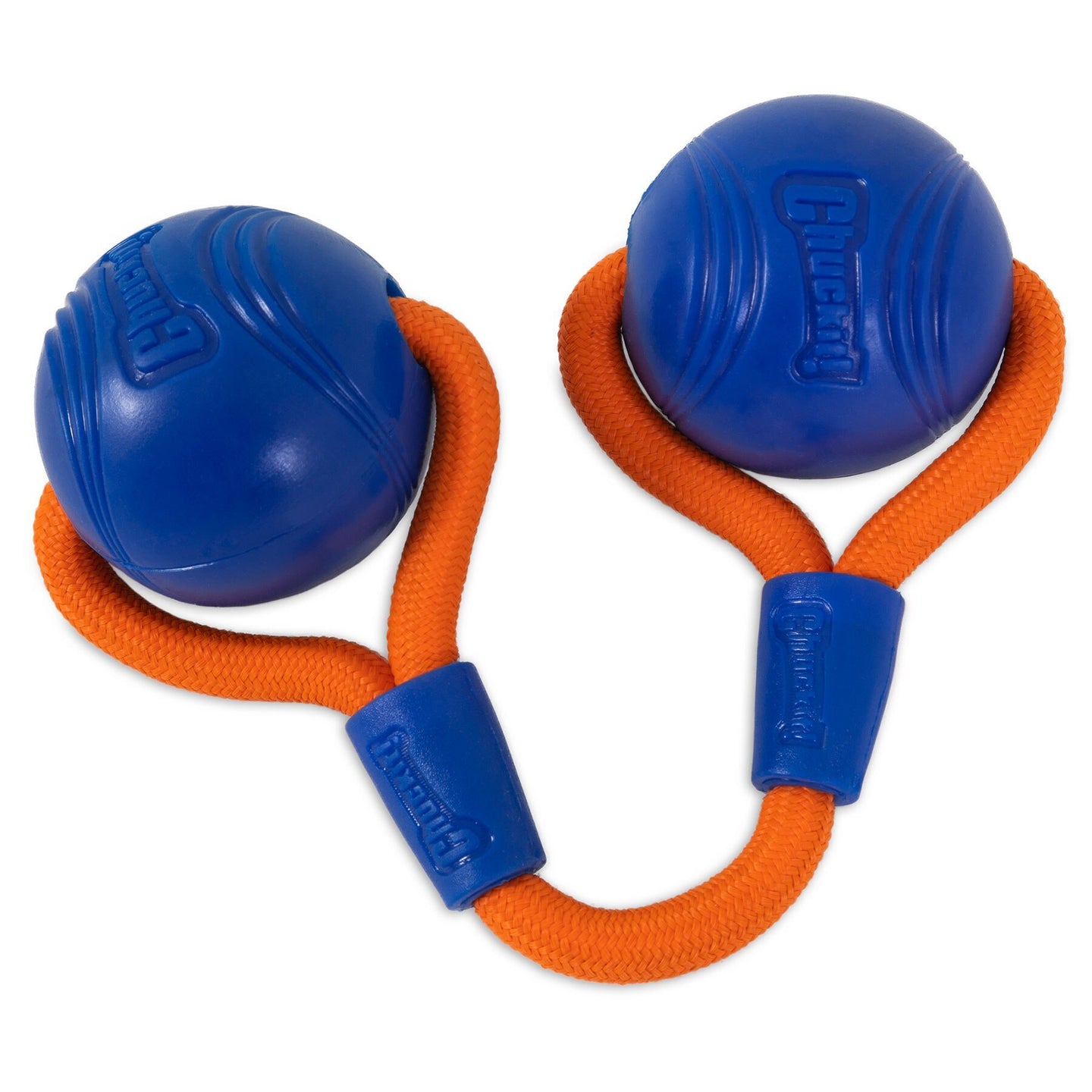 The Chuckit! Crunch Duo Tug Dog Toy consists of two textured blue balls embossed with Chuckit! and linked by a durable orange rope with blue plastic grips, offering exciting play for your pet.