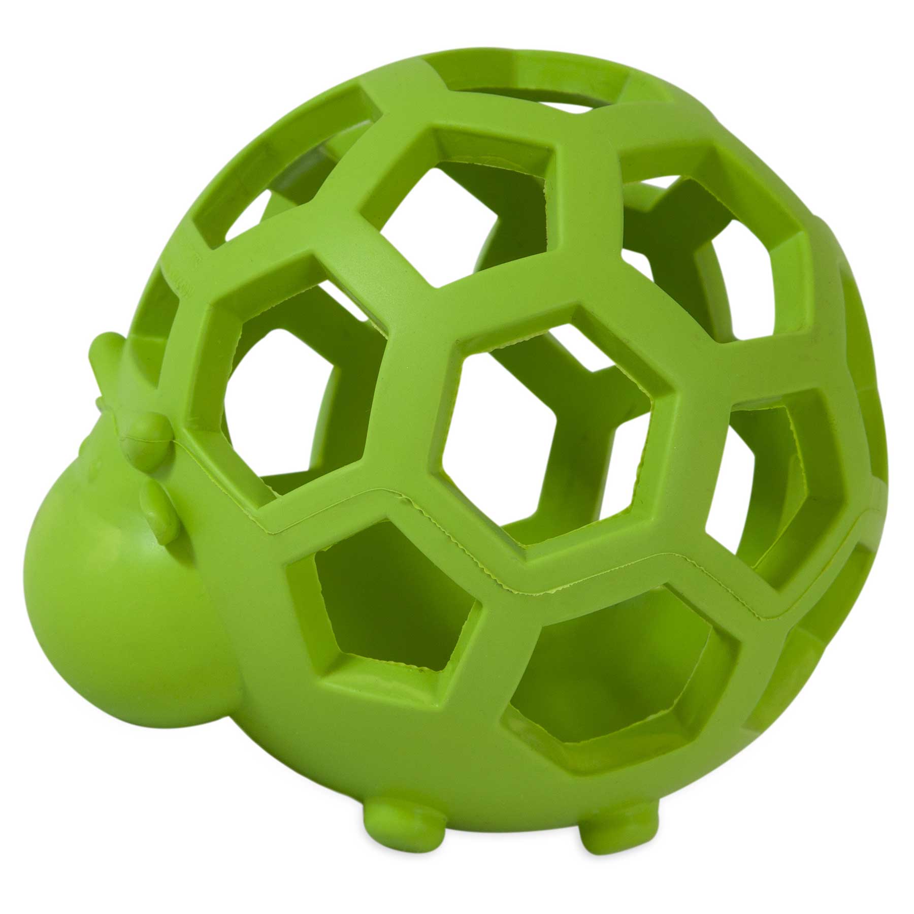 The JW Hol-ee Cow Dog Toy by JW is a green, hollow geometric sphere with hexagonal cutouts, resembling a turtle shell. Ideal for small dogs to chew on, it includes a small turtle head and feet for added charm.