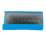 The JW Bird Perch Cleaner, a blue plastic holder, arranges sewing machine needles in an orderly row. It reads Teterboro, NJ Made in China on a plain white background.