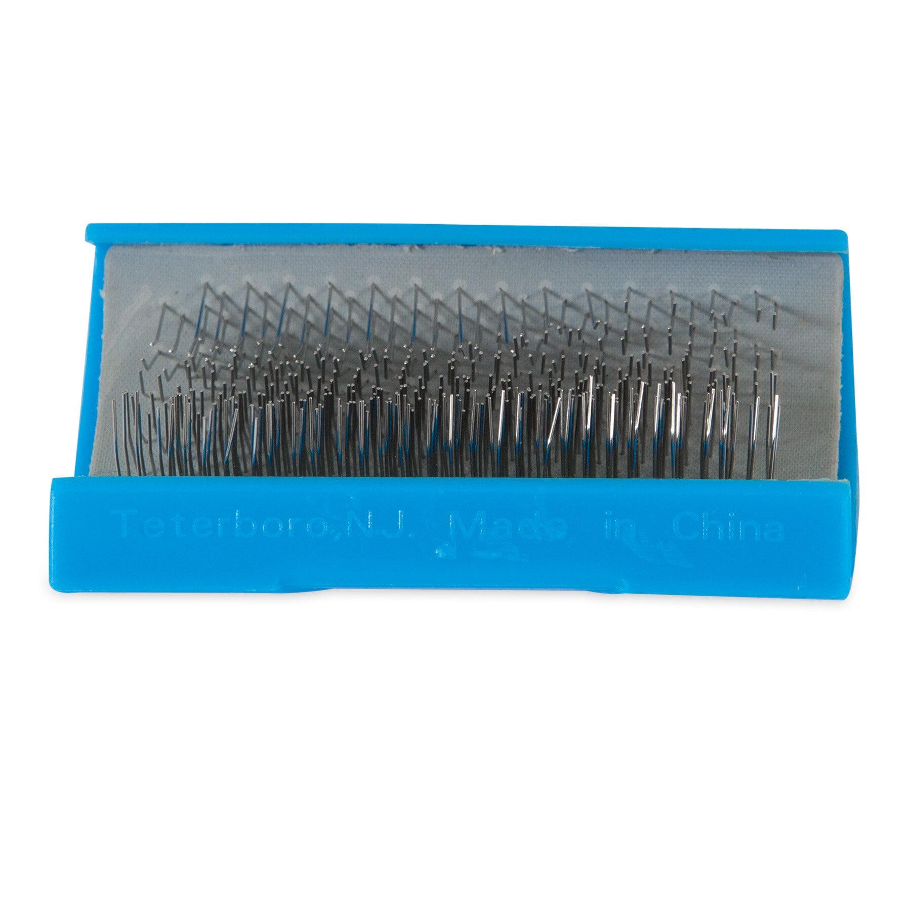 The JW Bird Perch Cleaner, a blue plastic holder, arranges sewing machine needles in an orderly row. It reads Teterboro, NJ Made in China on a plain white background.