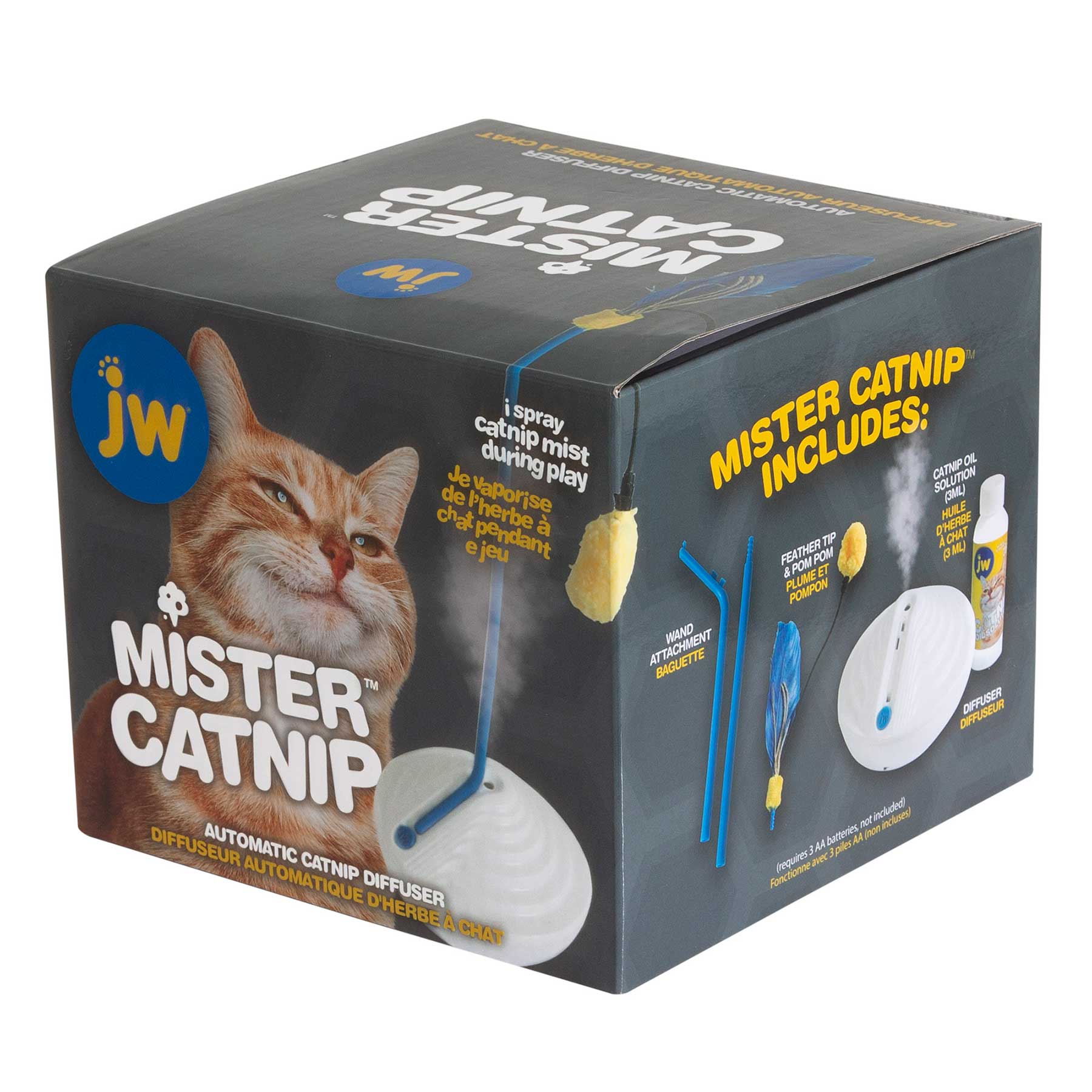 The JW Catnip Mister product box from Jw features a cats face and images of its contents: a catnip mist spray, round diffuser, feather teasers, and wand attachment. It highlights being an automatic catnip diffuser with enriched catnip oil solution.