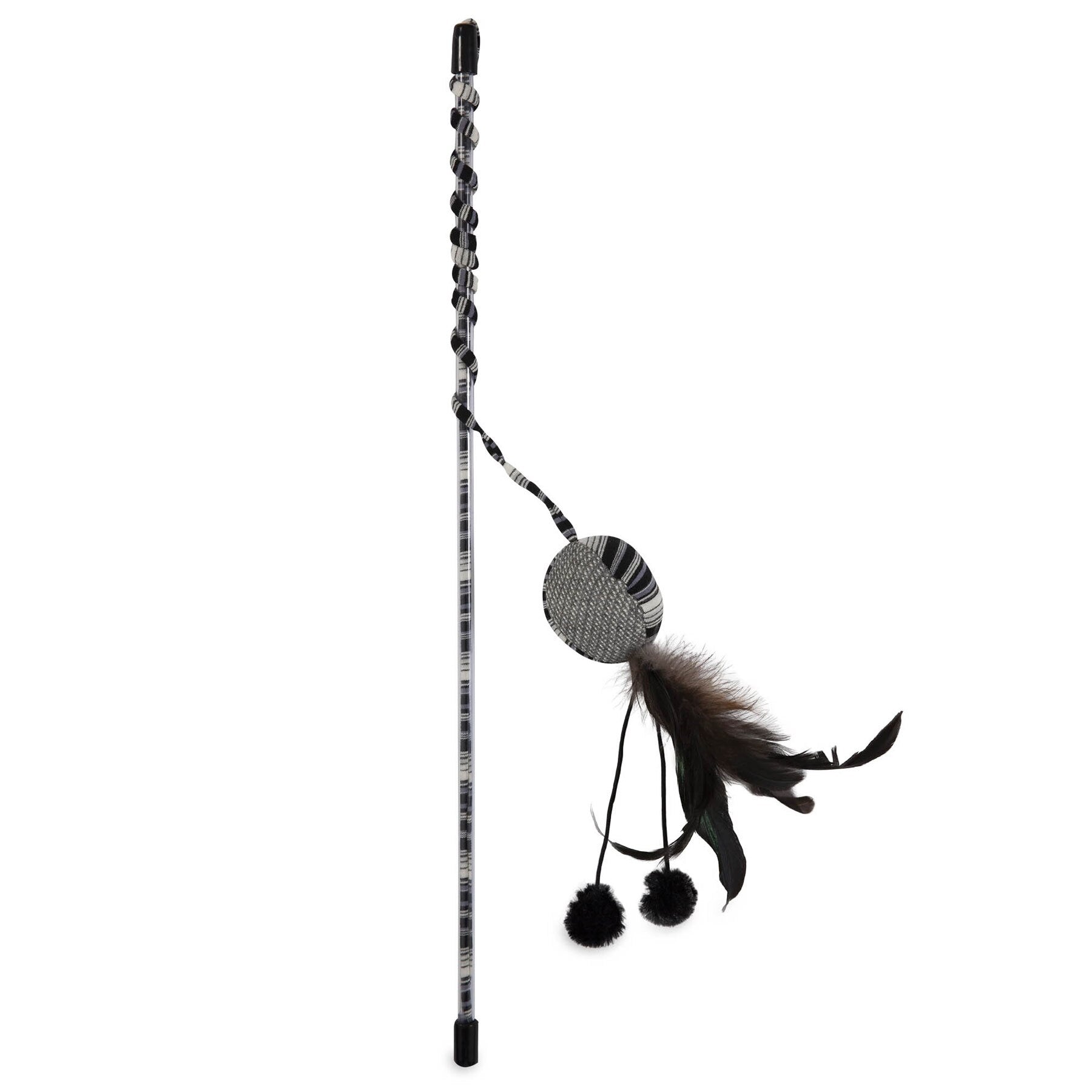 The JW Feather Ball Cat Wand by Jw is a decorative walking stick with a black and white twisted design, featuring a circular ornament resembling a feather ball with stripes, feathers, and two black pom-poms for an artistic, playful touch.