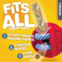 Illustration of JW Fits All Treat Ball Dog Toy by Jw with instructions: Fits All Treat Ball. Steps: 1. Insert treats behind braided ropes. 2. Tighten ropes. 3. Add kibble for engaging playtime, showcasing rope and kibble illustrations, ideal for any dog toy collection.