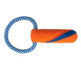 The Chuckit! Ultra Bumper Tug Dog Toy from Chuckit features a durable orange and blue textured rubber cylinder with a blue and white striped rope loop. Ideal for fetch and tug games, Chuckit! is embossed on the rubber to signify quality.