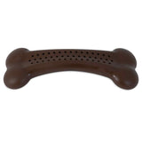 The BarkBone Natural Instincts Peanut Butter Flavorit Nylon Dog Chew by Barkbone Natural Instincts is a brown, bone-shaped toy with a textured, perforated surface designed for dental health and fun. Its slightly curved design ensures extended chew sessions, while the peanut butter flavor entices your dog.