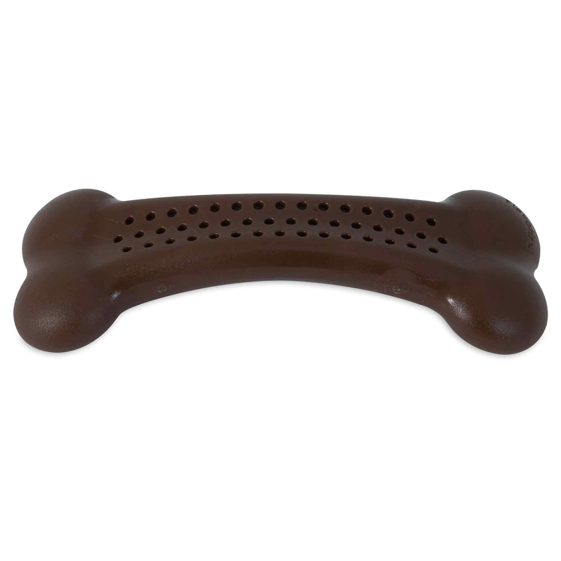 The BarkBone Natural Instincts Peanut Butter Flavorit Nylon Dog Chew by Barkbone Natural Instincts is a brown, bone-shaped toy with a textured, perforated surface designed for dental health and fun. Its slightly curved design ensures extended chew sessions, while the peanut butter flavor entices your dog.