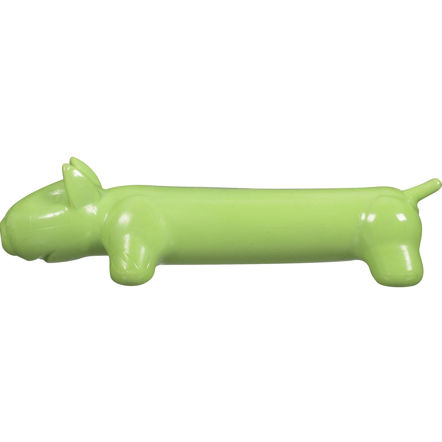 The JW Megalast Long Dog Squeaker Toy by Jw is a durable TPR, lime green plastic dog toy resembling an elongated sausage dog in profile, complete with simple features like ears, a tail, and four legs. Made in the USA to withstand energetic playtimes and keep your pup entertained.