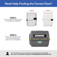 Guide for identifying pet kennel doors: Step 1 features both curved and straight wire options, such as the Petmate Vaulted Replacement Door for 40 Plastic Kennels. Step 2 demonstrates measuring kennel length with a yellow line diagram. Contact us for further assistance.