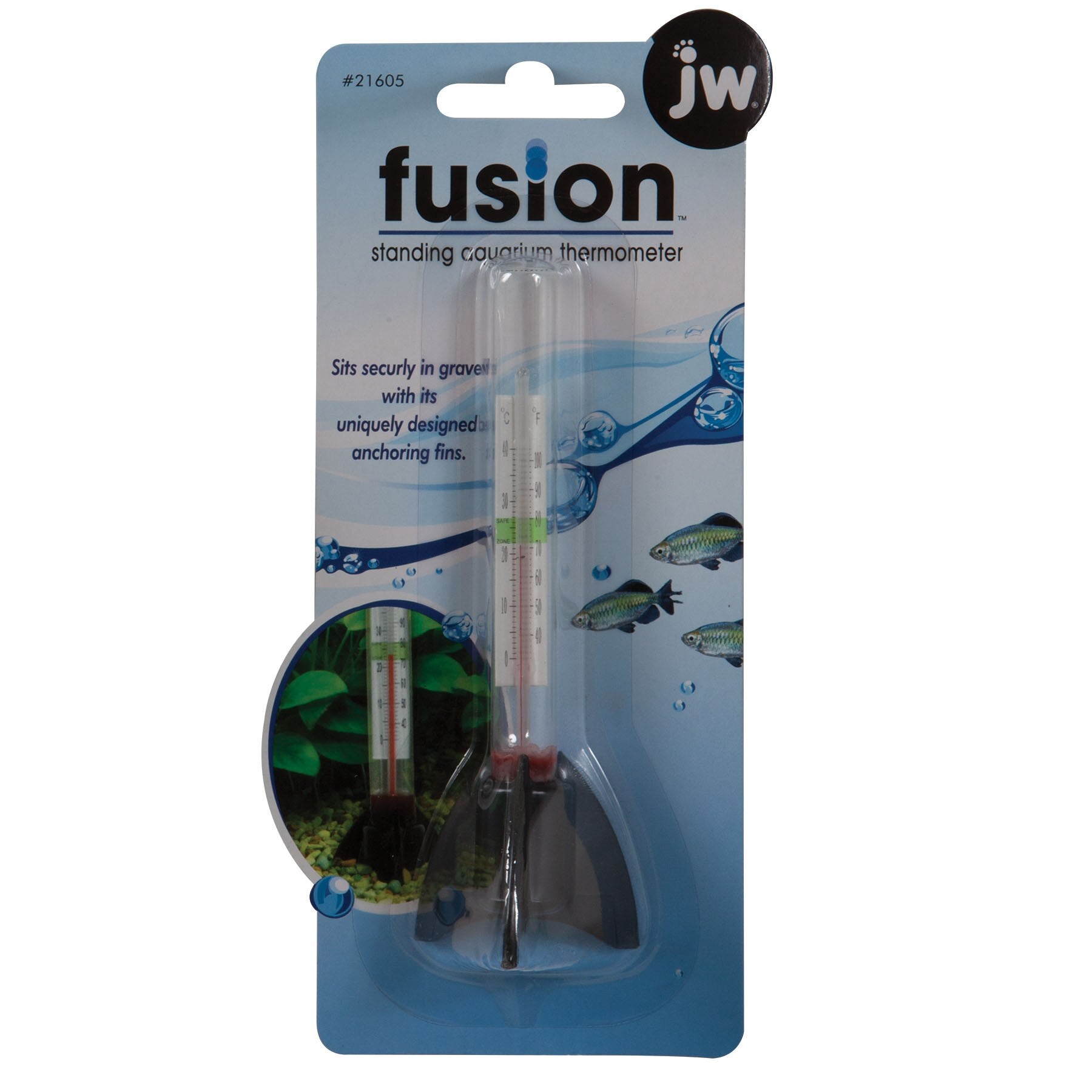 The JW Fusion Standing Aquarium Thermometer packaging showcases the thermometer with fish and plant images, highlighting its unique anchoring fins that provide stability in gravel, ensuring it remains in place while accurately maintaining your tanks optimal temperature range.