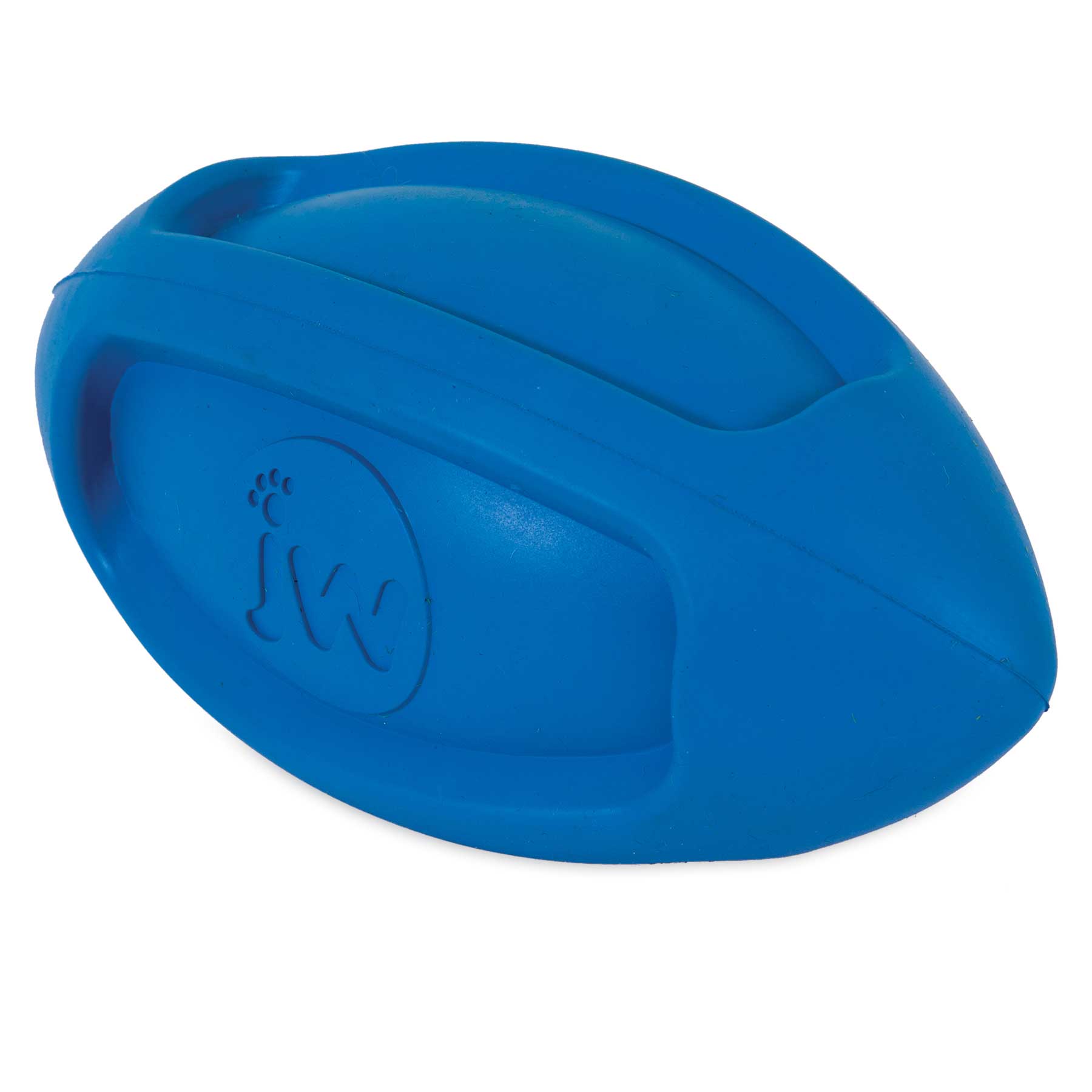 The JW iSqueak Funble Football Dog Toy by Jw is a blue, oval-shaped toy made from heavy-duty rubber. It has a textured surface with grooves and features the initials JW on one side, making it ideal for playful pups.
