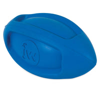 The JW iSqueak Funble Football Dog Toy by Jw is a blue, oval-shaped toy made from heavy-duty rubber. It has a textured surface with grooves and features the initials JW on one side, making it ideal for playful pups.