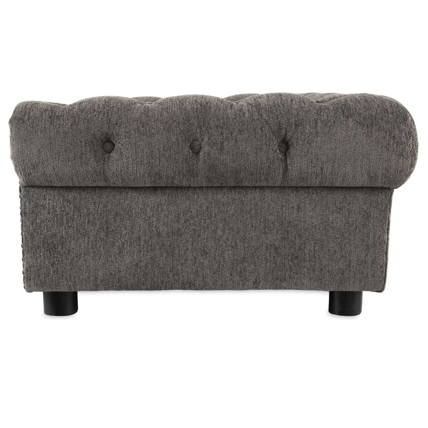 The La-Z-Boy Newton Sofa Dog Bed in dark gray features a tufted button design with sleek black cylindrical legs, set against a crisp white background.