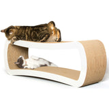 Two cats interact on a PetFusion Jumbo Cat Scratcher Lounge. A striped cat reaches down while its gray and white friend gazes up playfully. This sleek white-framed piece from Pet Fusion adds both style and fun to your pet furniture collection.
