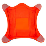 The image displays the Chuckit! Flying Squirrel frisbee by Chuckit, featuring a vibrant orange canvas with a square open center and rounded corners. Its tightly stretched fabric and light brown patches create a unique design, making it an ideal fetch toy.