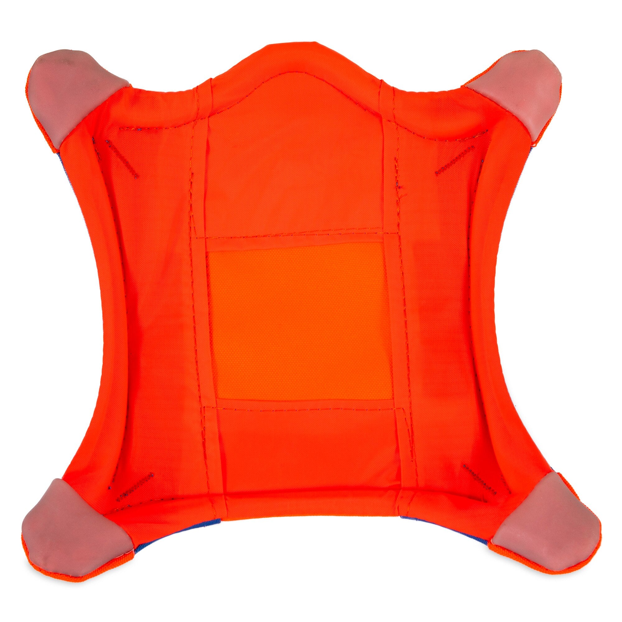 The image displays the Chuckit! Flying Squirrel frisbee by Chuckit, featuring a vibrant orange canvas with a square open center and rounded corners. Its tightly stretched fabric and light brown patches create a unique design, making it an ideal fetch toy.