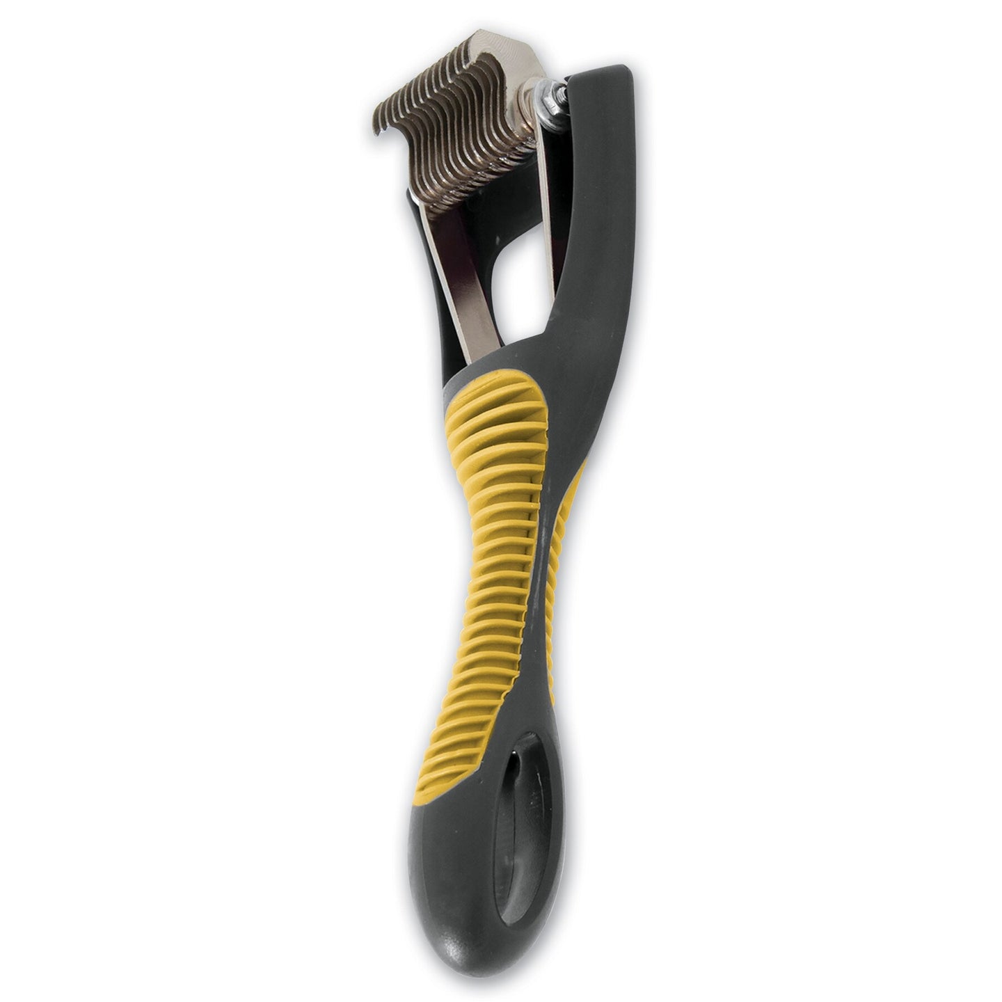 The JW Gripsoft Cat Deshedding Tool by Jw features stainless steel blades for effective pet grooming and shedding control. It has a black and yellow ergonomic handle with GripSoft technology, placing the blades at the top, complemented by a textured grip for easy use.