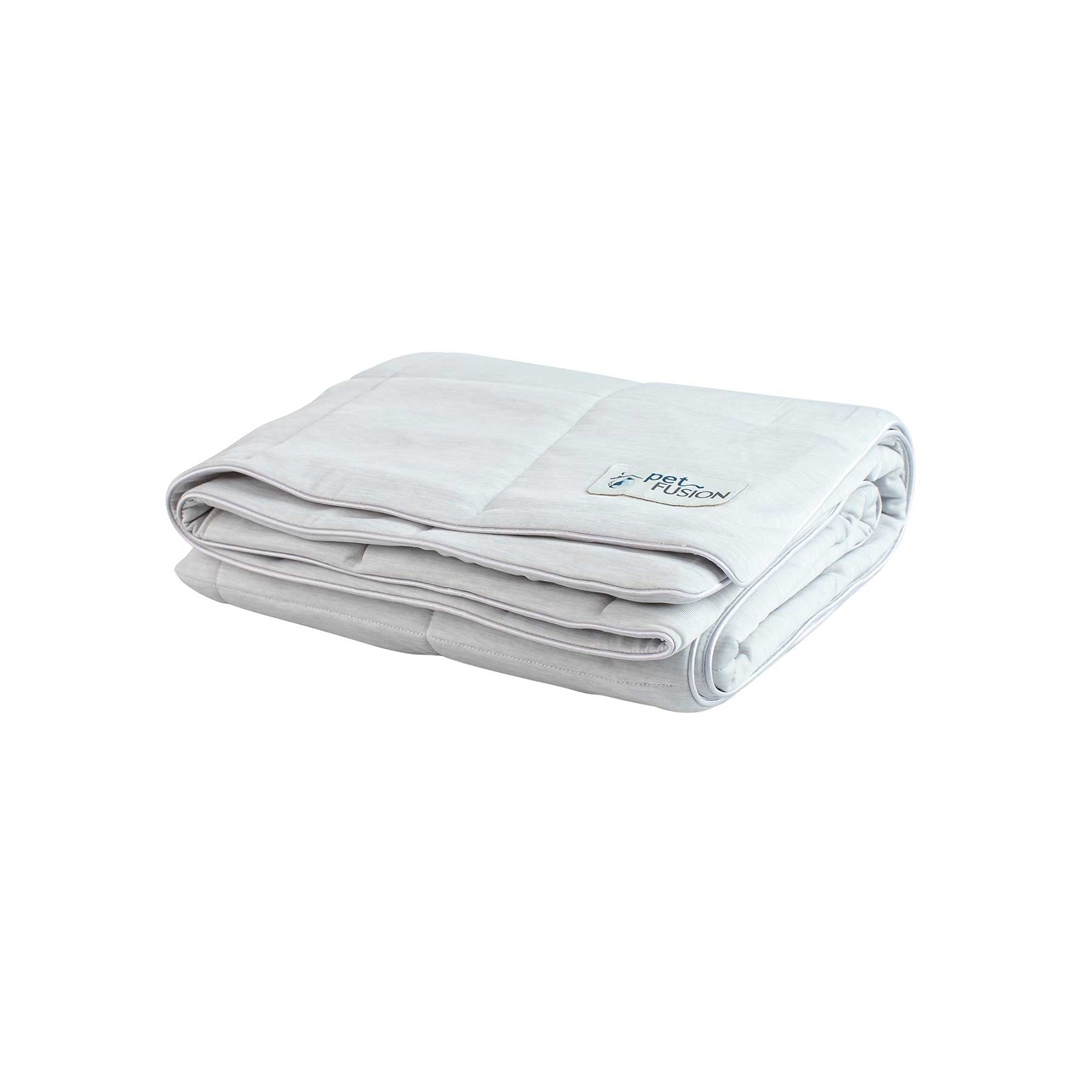 The PetFusion Premium Cat and Dog Cooling Blanket is a neatly folded, light gray blanket featuring advanced cooling technology. It boasts visible stitching, with a small Petfusion logo embroidered in one corner, offering softness and plushness for comfort while maintaining optimal temperature.
