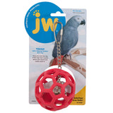 The JW Pet Hol-ee Roller Bird Toy from Jw includes a red natural rubber ball with hexagonal cutouts and a bell inside, attached to a metal chain and clip. The packaging features a parrot image and the JW logo, making it perfect for parrots.