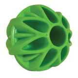 The JW Megalast Ball Dog Toy by Jw is a durable, green, spherical chew toy made of rubber with a hollow center and features an intricate open lattice design of interconnected curved spikes for interactive play.