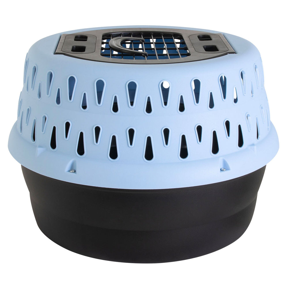 The Petmate Get-A-Round Kennel for Cats is a round blue and black carrier with multiple ventilation holes and a grid-patterned top for secure closure. It provides comfort and safety for any cat sleeping position on the go.