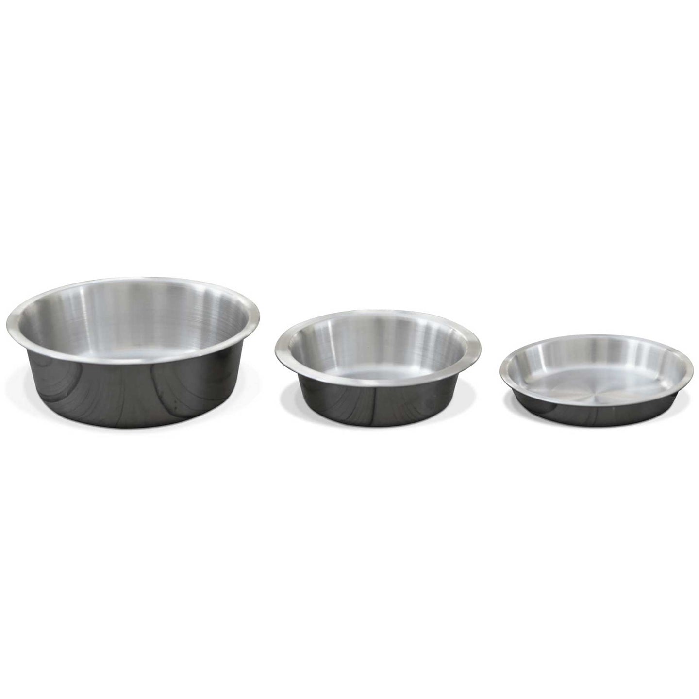 PetFusion Premium 304 Food Grade Stainless Steel Pet Food Bowls by Petfusion are arranged in a row on a white background. Each shiny, smooth-edged bowl is slightly smaller than the one on its left, ideal for pet feeding and is dishwasher-safe for effortless cleaning.