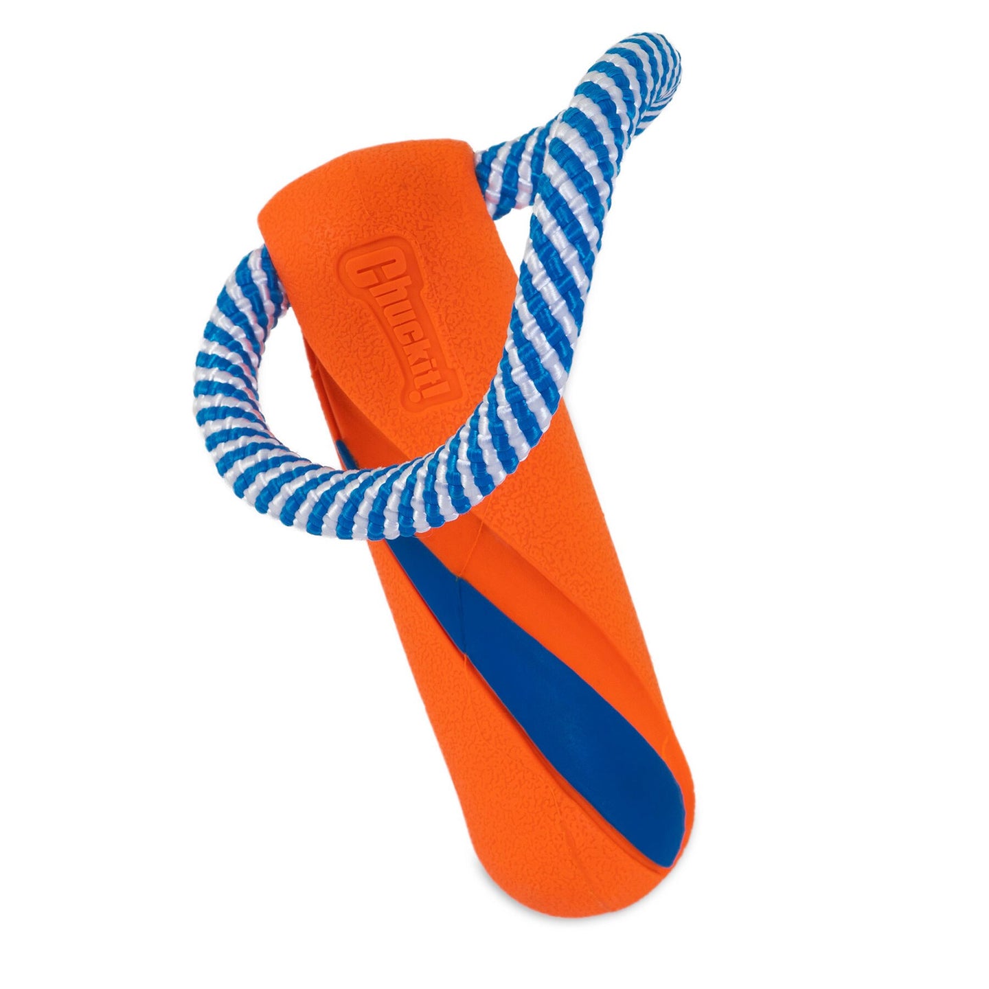 The Chuckit Ultra Bumper Tug Dog Toy by Chuckit is an orange and blue toy featuring a textured ring and blue-rope loop, perfect for fetch and tug games. Designed for durability, its built to endure hours of fun.