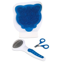 JW GripSoft Cat Grooming Kit by Jw features a cat-shaped scrubber in blue and white, a refined slicker pin brush with a blue handle, and sleek blue-handled nail clippers.