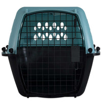 The Petmate Fashion Vari Kennel by Petmate is a stylish, compact pet carrier with a teal top and black base. It has a secure metal cage door, ventilation holes on top, and is ideal for small dogs on the go.