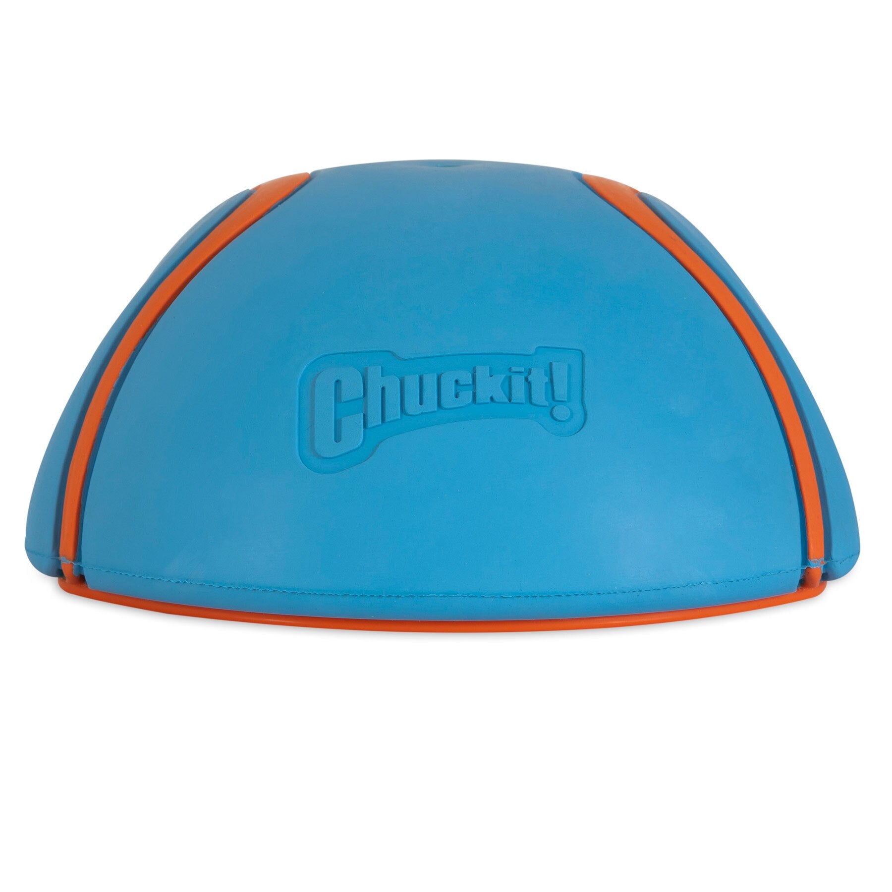 The Chuckit! Indoor Super Slider Dog Toy, ideal for active play, features a blue and orange segmented design. Its rounded shape and the Chuckit branding at the center make it perfect for endless indoor fun.