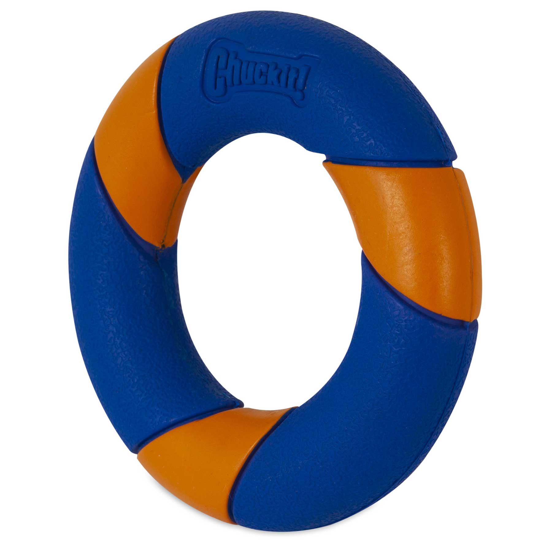 The Chuckit! Ultra Squeaker Ring, a durable blue and orange dog toy with alternating segments and the brand embossed on a blue section, is perfect for fetching or pairing with the Chuckit! RingChaser Launcher.